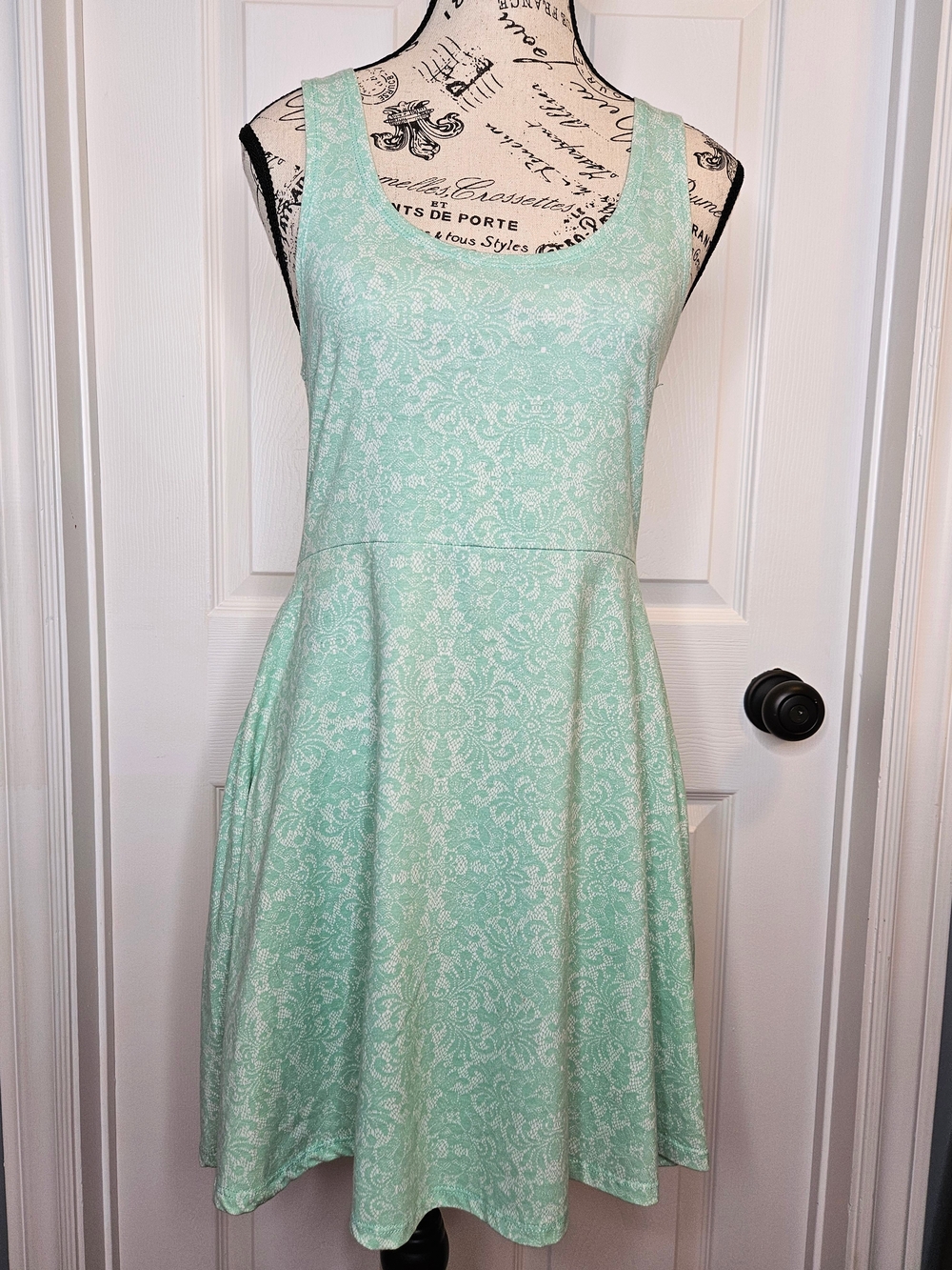 NWOT Bluenotes Mint Green Floral Lace Print Fit Flare Skater Mini Dress L